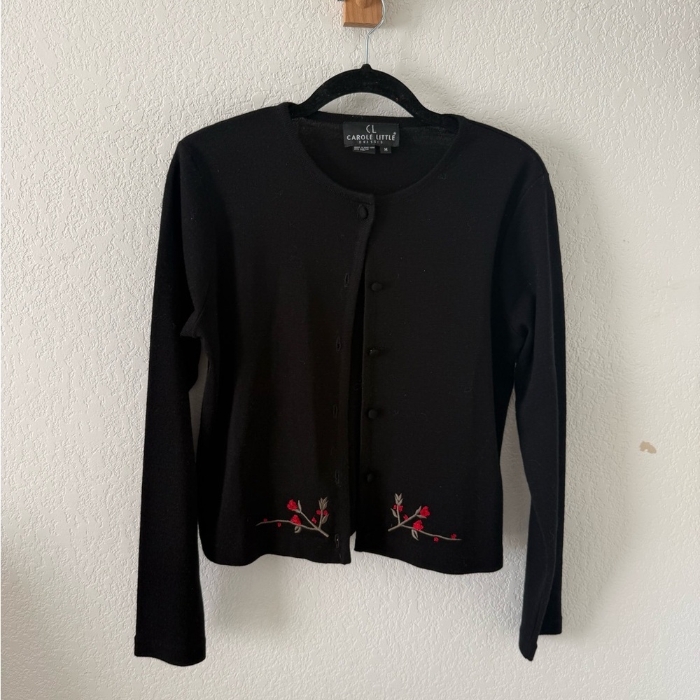 Vintage wool Carole Little Black Cardigan with Red Floral Embroidery
